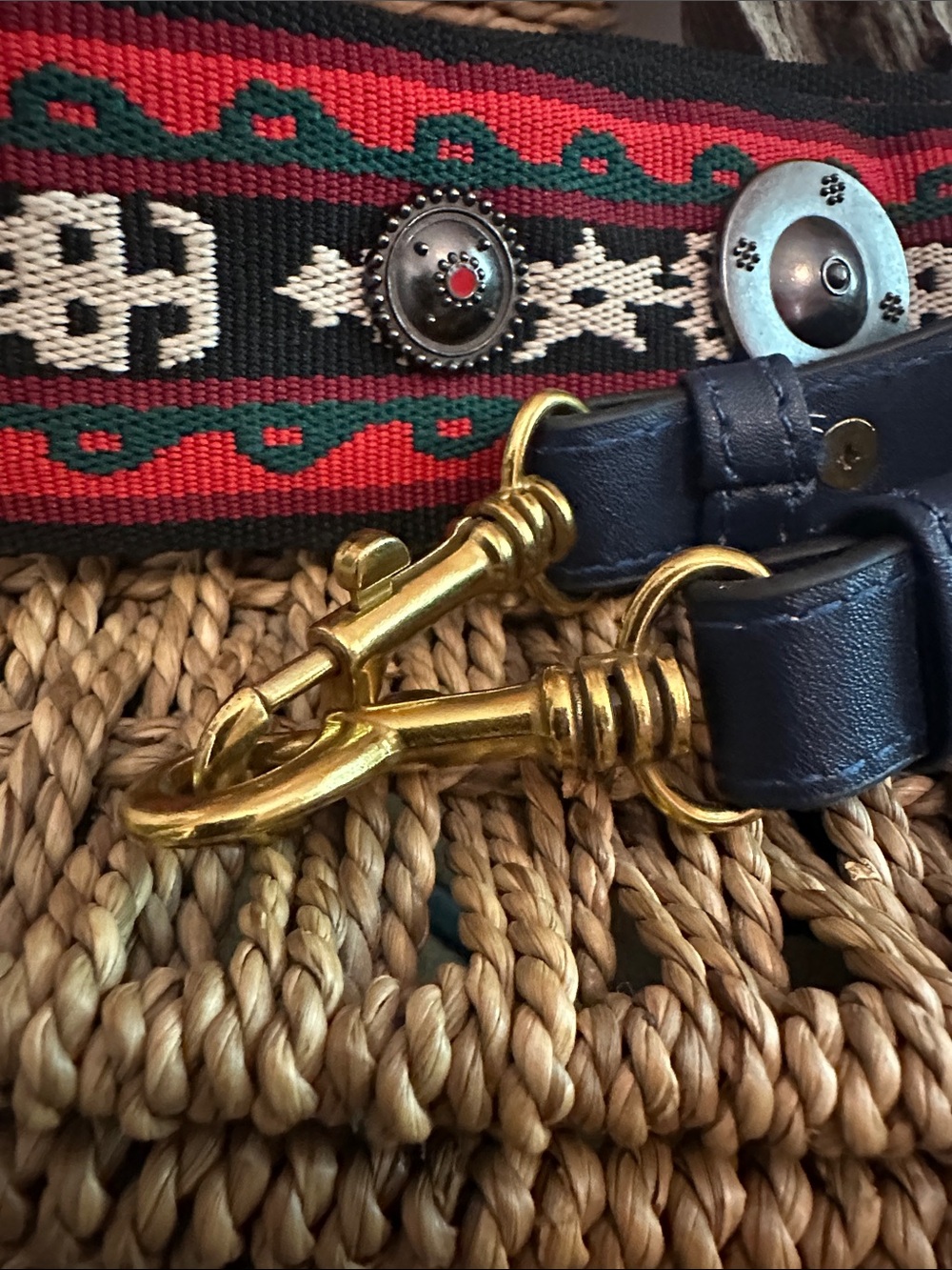 Southwestern inspired navy blue leather brass tone clasps medallions belt/strap - Picture 12 of 15